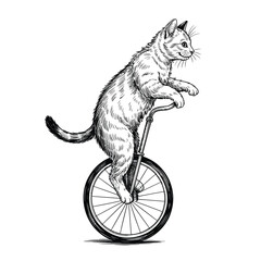 Whimsical cat riding a vintage unicycle in sketch style