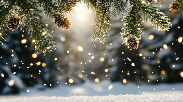 Snow dusting pine branch with pinecone and warm bokeh light, peaceful winter scene