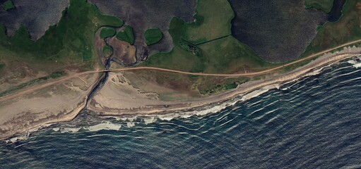 Coastal Road Wetlands Aerial View Rough Ocean Shoreline