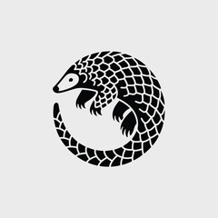 Stylized black and white pangolin illustration in a circle