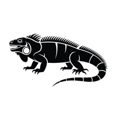 Black silhouette of a standing iguana on a white background