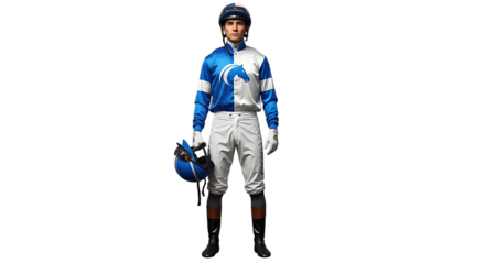 A full shot of a jockey in blue and white uniform holding a helmet against a black background space on transparent background