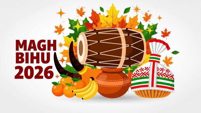 Joyful Magh Bihu harvest festival celebration from Assam, featuring a traditional dhol drum, jaapi hat, and fresh fruits. Animation 4k