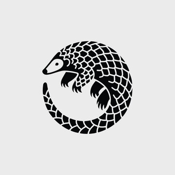 Stylized black and white pangolin illustration in a circle