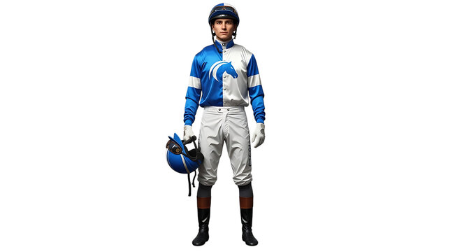 A full shot of a jockey in blue and white uniform holding a helmet against a black background space on transparent background