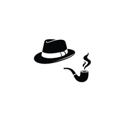 Vintage fedora hat and smoking pipe with smoke