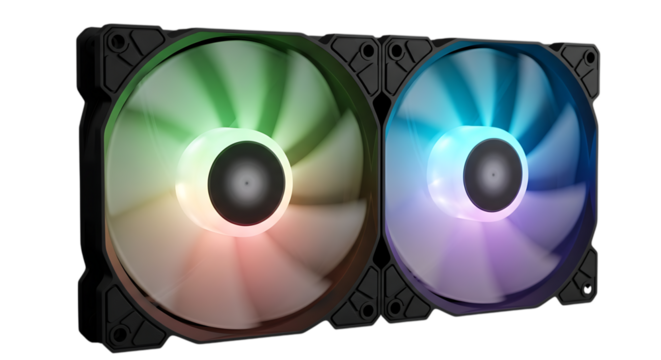 Close up of two computer fans with rgb lighting on a black background showing cooling technology on transparent background