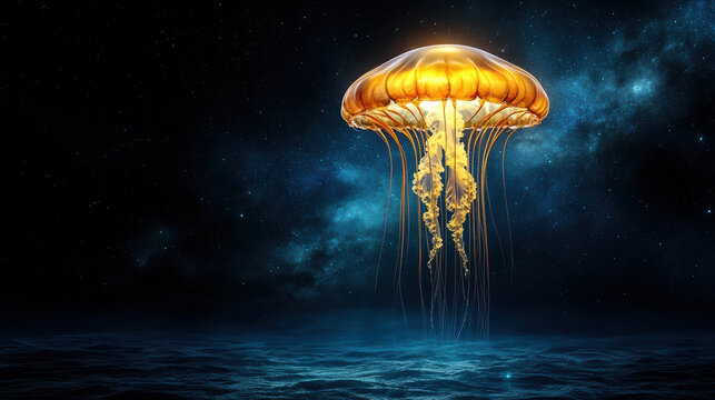 Golden jellyfish floating nebula night ocean, luminous medusa, serene bioluminescent glow - Powered by Adobe