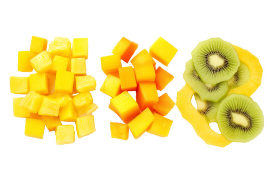 Fresh fruit slices including mango and kiwi arranged on transparent background
