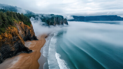 Fog coastline calm ocean waves misty cliffs peaceful cinematic