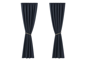 Drawing dark blue window curtains with rope tie backs for home interior design and decoration on transparent background