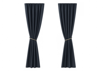 Drawing dark blue window curtains with rope tie backs for home interior design and decoration on transparent background