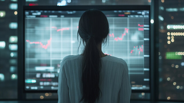 Back view of a woman analyzing a holographic stock market graph, glowing data visualizations, and futuristic interface representing finance, technology, and analytics.