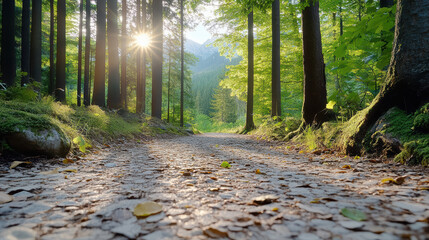 Fototapeta premium Sunlit forest path morning sun mossy trees mountain view tranquil