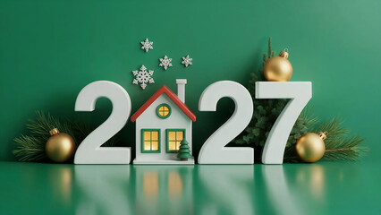 Festive 2027 New Year composition with miniature holiday house, golden ornaments, pine branches, and snowflakes on green background cozy Christmas concept symbolizing warmth, joy, and fresh beginnings