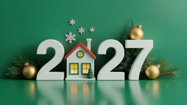 Festive 2027 New Year composition with miniature holiday house, golden ornaments, pine branches, and snowflakes on green background cozy Christmas concept symbolizing warmth, joy, and fresh beginnings