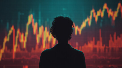 Back view of a woman analyzing a holographic stock market graph, glowing data visualizations, and futuristic interface representing finance, technology, and analytics.