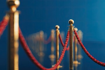 Red Rope Barrier With Golden Posts On A Blue Background