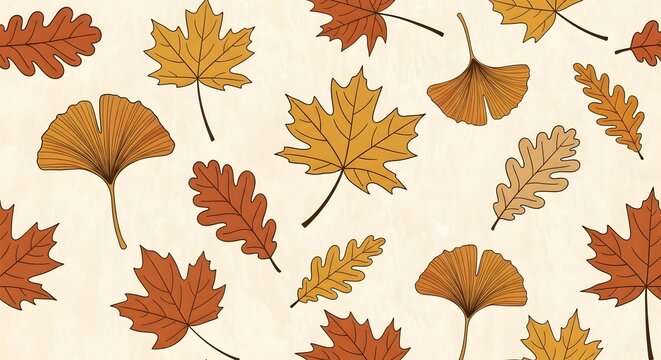 Vibrant autumn leaves pattern with orange, yellow, and brown hues on a beige background
