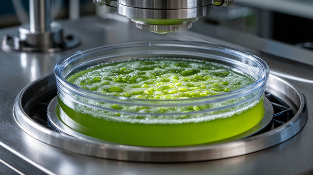 Synthetic Biology concept , Green bioreactor culture laboratory petri dish algae biotechnology research microalgae cultivation