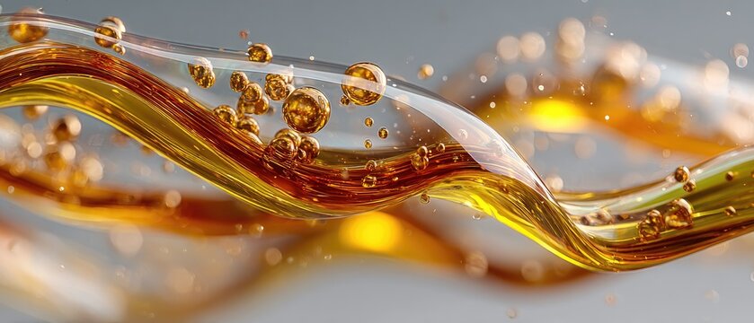 Golden liquid stream with bubbles, abstract macro shot