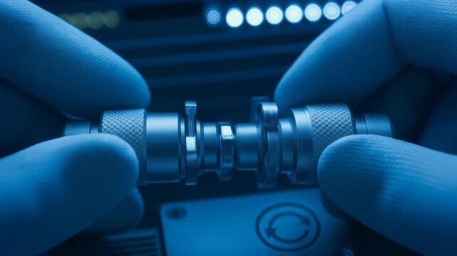 Ai power crunch data center build tech engineer hands assemble fiber optic connector network testing assembly precision under blue light