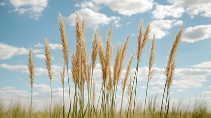 Fototapeta premium Golden pampas grass swaying in gentle wind under blue sky with soft clouds