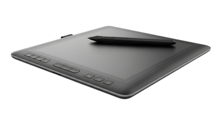 A gray graphic tablet with a stylus resting on its surface against a dark background in a studio shot on transparent background
