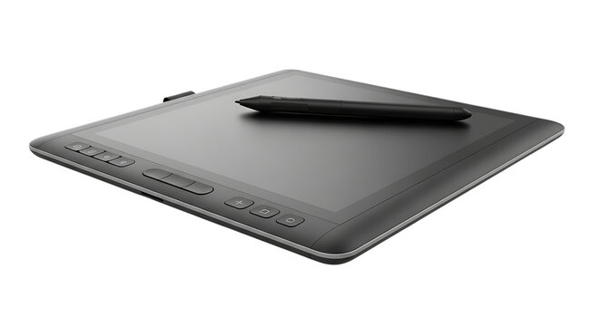 A gray graphic tablet with a stylus resting on its surface against a dark background in a studio shot on transparent background