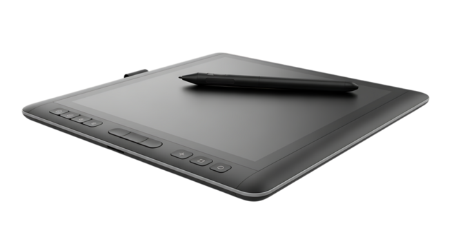 A gray graphic tablet with a stylus resting on its surface against a dark background in a studio shot on transparent background
