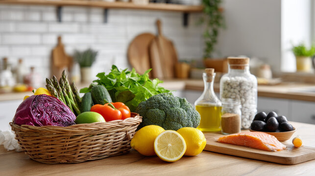 Fresh vegetables fruit salmon olive oil beans lemon broccoli avocado - Powered by Adobe