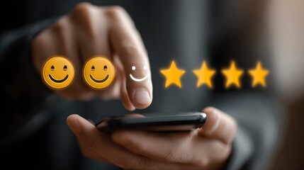 User touching smartphone screen with happy face icon, rating service quality with 5 stars. Visual representation of customer feedback survey, mobile app experience, and reputation review concept jpg