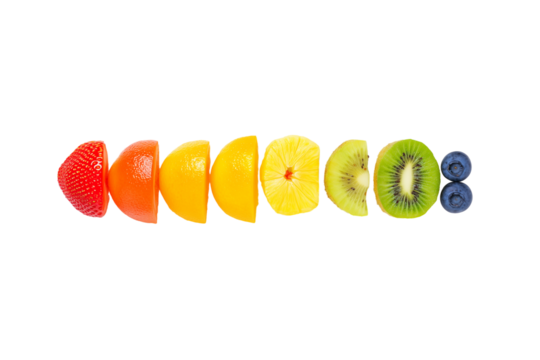 Horizontal line of vibrant fruit slices on transparent background