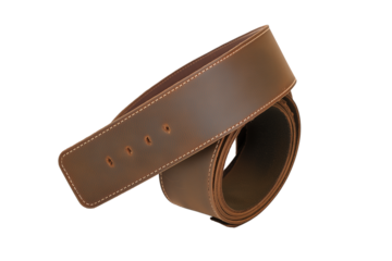Polished brown leather belt with buckle on transparent background