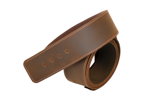 Polished brown leather belt with buckle on transparent background