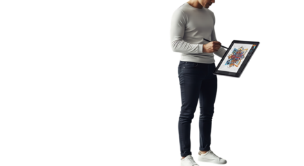 Man standing drawing on a tablet with a stylus wearing jeans and a long sleeved shirt on black background on transparent background