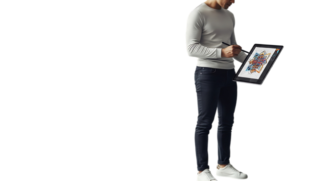 Man standing drawing on a tablet with a stylus wearing jeans and a long sleeved shirt on black background on transparent background
