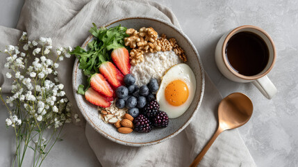 Gut Healthy concept ,Healthy breakfast bowl fresh fruit sunny egg oatmeal nuts arugula, joyful