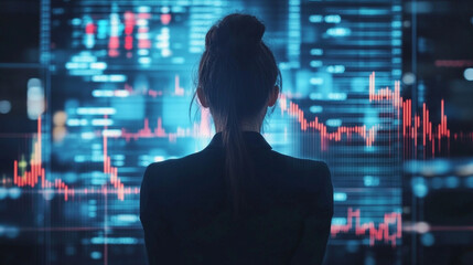 Back view of a woman analyzing a holographic stock market graph, glowing data visualizations, and futuristic interface representing finance, technology, and analytics.