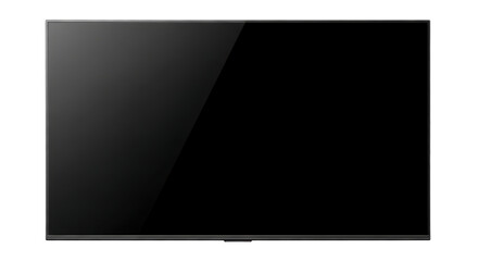 Close up of a flat screen television with a black screen and a thin silver frame on a black background on transparent background