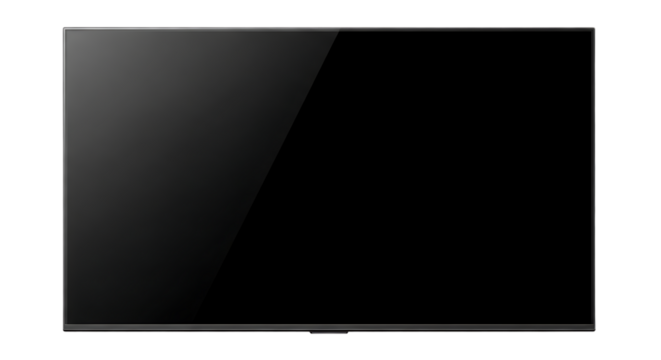 Close up of a flat screen television with a black screen and a thin silver frame on a black background on transparent background