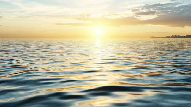 Golden sunrise calm water tranquil sea horizon reflecting light