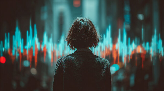 Back view of a woman analyzing a holographic stock market graph, glowing data visualizations, and futuristic interface representing finance, technology, and analytics.