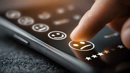 User touching smartphone screen with happy face icon, rating service quality with 5 stars. Visual representation of customer feedback survey, mobile app experience, and reputation review concept jpg