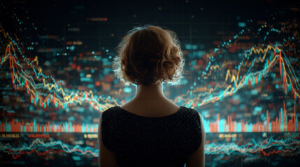 Back view of a woman analyzing a holographic stock market graph, glowing data visualizations, and futuristic interface representing finance, technology, and analytics.