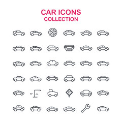 Obraz premium Collection of car icons and automotive symbols in thin line art style vehicle transportation
