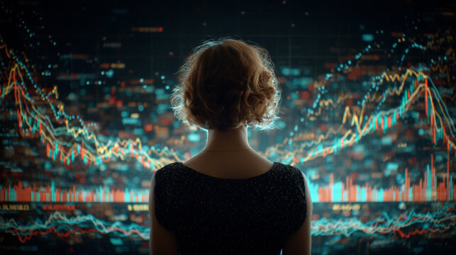 Back view of a woman analyzing a holographic stock market graph, glowing data visualizations, and futuristic interface representing finance, technology, and analytics. - Powered by Adobe
