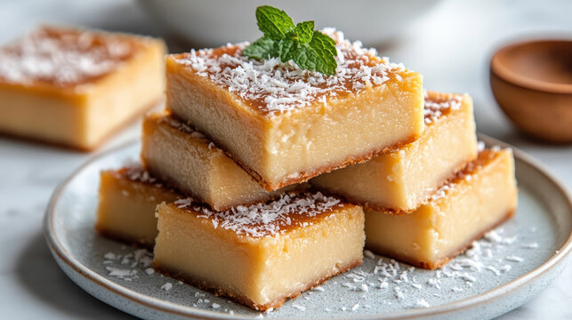 Chewy coconut custard bars sprinkled with shredded coconut and mint garnish, sweet and creamy