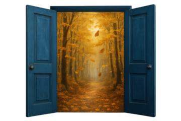 Open door revealing an autumn forest with falling golden leaves, a surreal path to new opportunities and destiny
