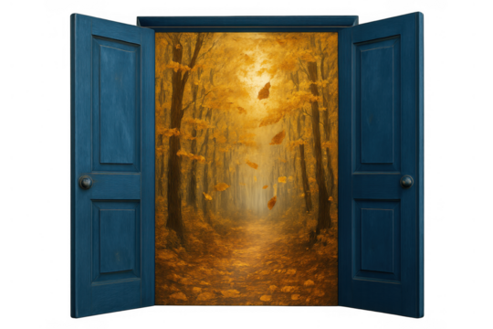Open door revealing an autumn forest with falling golden leaves, a surreal path to new opportunities and destiny